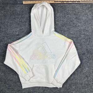 Adidas Cropped Hoodie Girl’s M White Pastel Stripes Loose Fit Pullover Logo